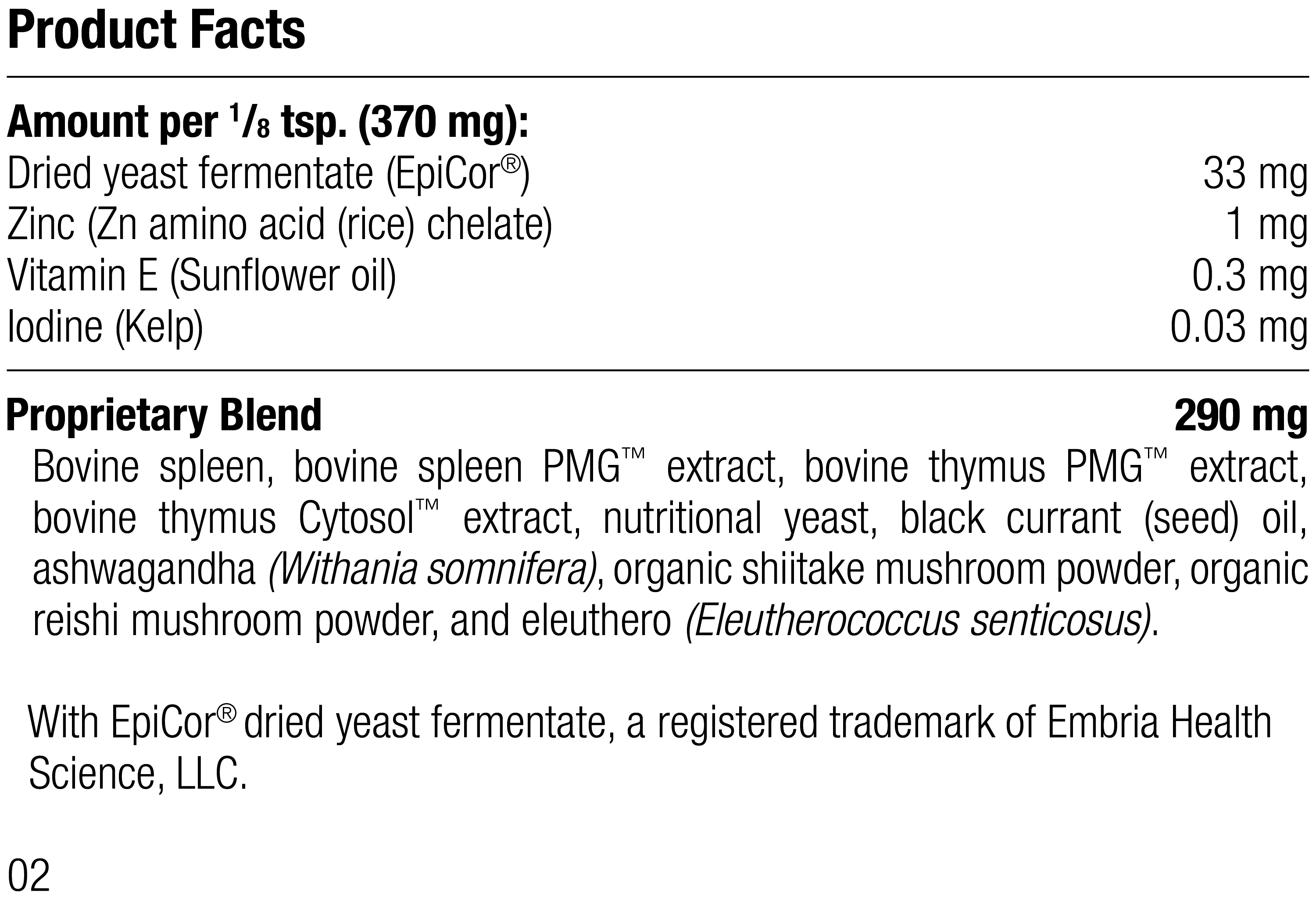 A1610 Canine Immune System Support, 30 g, Rev 01 Supplement Facts	