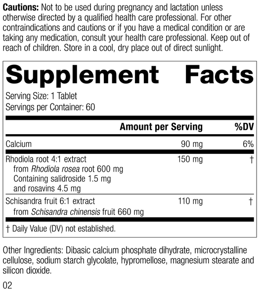 L1800 Rhodiola Schisandra R02 Supplement Facts Label